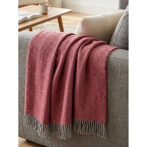 Woolmark Pure New Wool‎ Herringbone Throw Blanket Red Grey Fringe Made in Italy